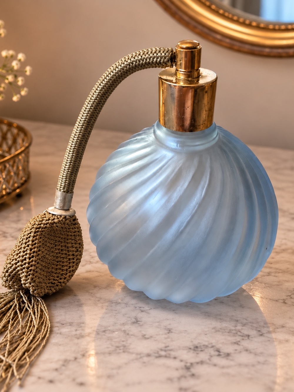 MCM Vintage Blue Frosted Glass Perfume Atomizer with Gold Accents
